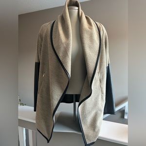 Ladies Sweater/“Shacket” w/ Vegan Leather sleeves and detailing.